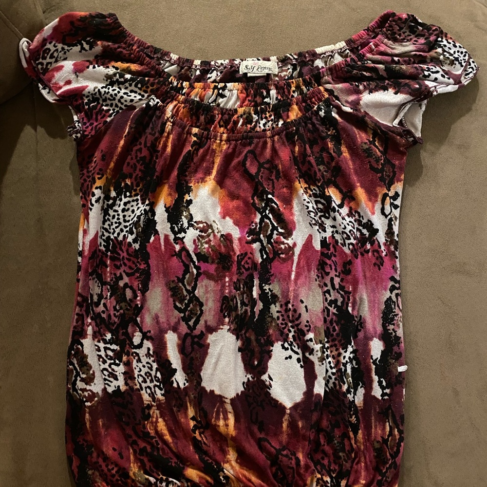 Cap sleeve multicolored multi print top. Size medium. Brand: Self Esteem